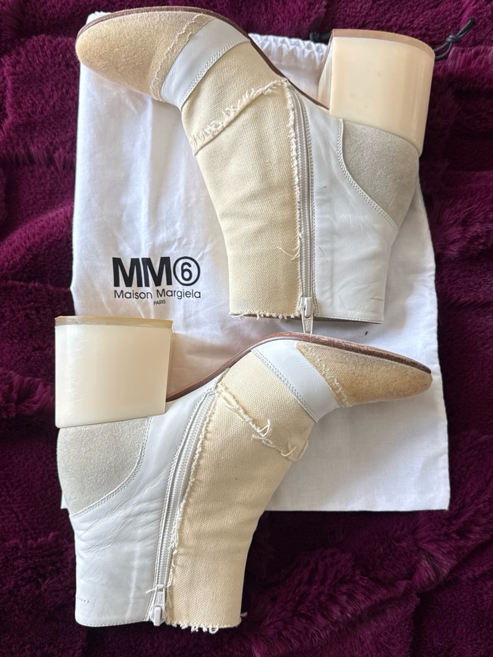 MM6 Maison Margiela Cream & White Mixed-Material Ankle Boots - Picture 3 of 7